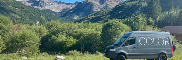 Mountain landscape with Color Coffee blue van