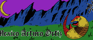 armadillo with the moon and the mountains in the background