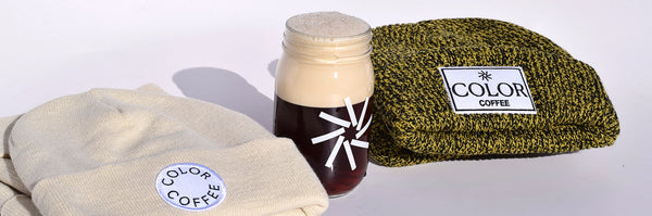 Color Coffee white beanie and heathered yellow beanie and mason jar