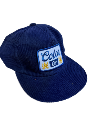 blue corduroy unstructured hat with Color Coffee blue and white and yellow patch