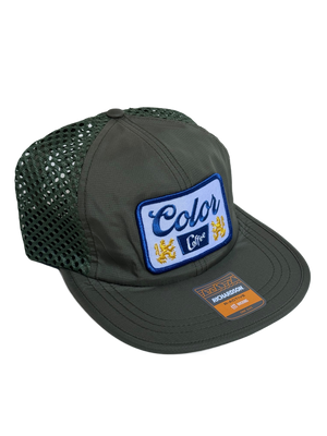 6 panel, mesh back hat with Color Coffee blue and white and yellow patch