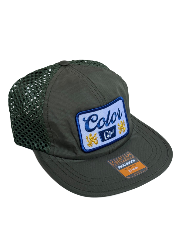 6 panel, mesh back hat with Color Coffee blue and white and yellow patch