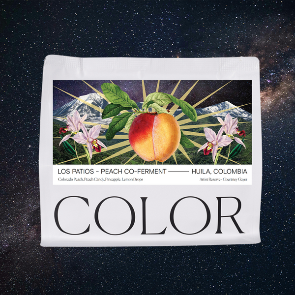 our white 10oz whole bean coffee bag with illustrated peach and orchids label and COLOR logo at the bottom