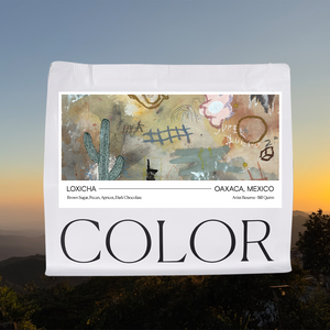 our artist reserve 10oz white whole bean coffee bag with illustrated label and COLOR logo at the bottom with a sunset background