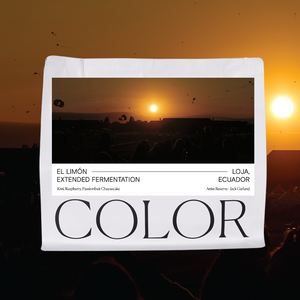 Product packaging with sunset scene and text on a dark background