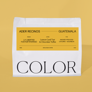 Coffee package with 'Color' branding on a yellow background