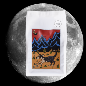 our white 1 LBS bag with illustration of a dog and mountains as the label