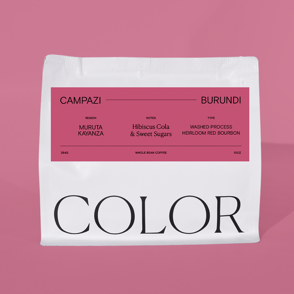 Coffee bag with 'Color' branding on a pink background