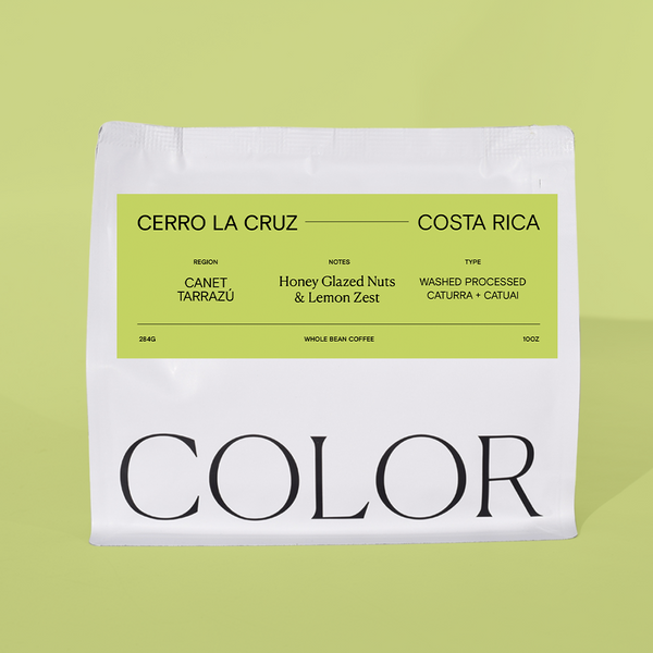 Coffee package labeled 'Cerro La Cruz Costa Rica' with a green label on a light green background