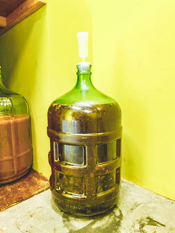 Green glass carboy with a white cork stopper on a yellow wall background