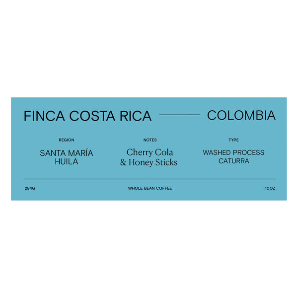 Colombia Finca Costa Rica whole bean coffee label, light blue rectangle with bean details in black text