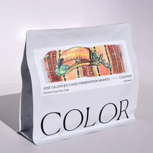 our white 10oz whole bean coffee bag with artist artwork for the label and COLOR logo