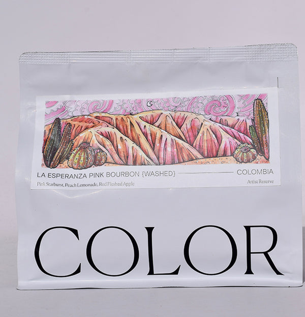 close up of Color white 10oz whole bean coffee bag with artist reserve label 