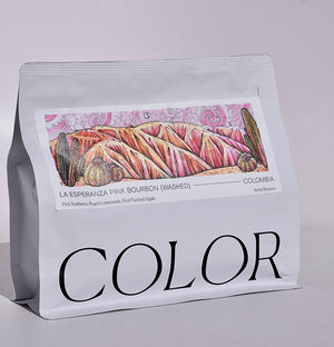 Color white 10oz whole bean coffee bag with artist reserve label 