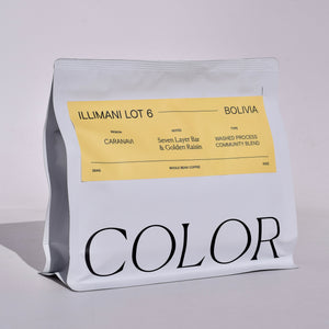 Color Coffee white 10oz whole bean coffee bag with yellow rectangle label for Bolivia Illimani Lot 6 coffee