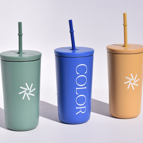 3 stainless steel tumblers with straws, sage green, royal blue and orange