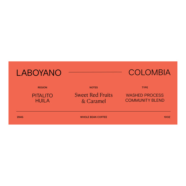 label for our new whole bean coffee Colombia Laboyano dark pink rectanble with black text