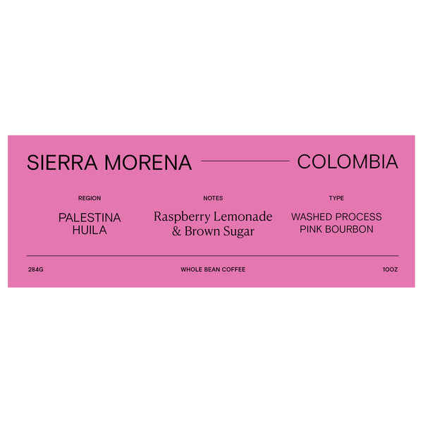 Colombia Sierra Morena label showing coffee bean details on a pink rectangle background