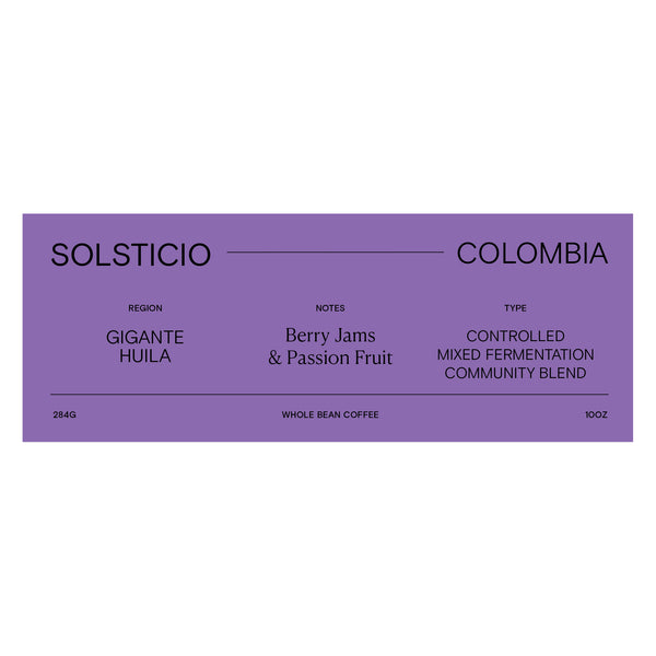 Colombia purple rectangle coffee label with bean details