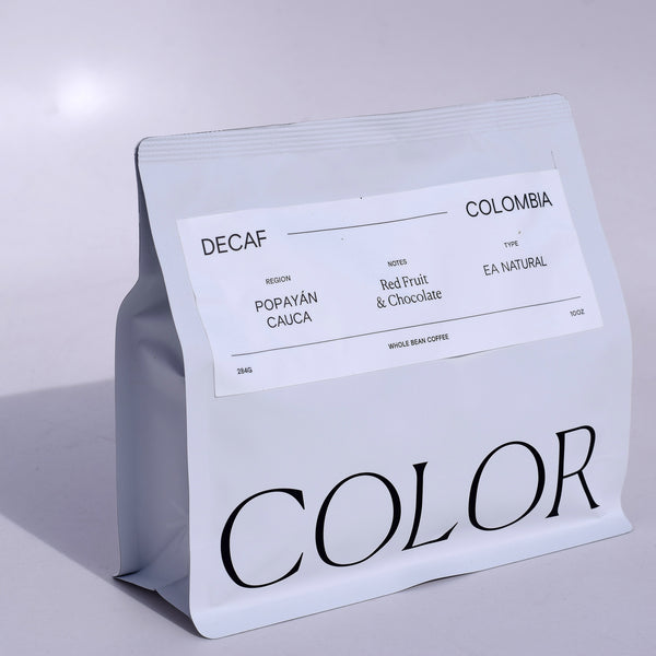 color coffee's 10oz white whole bean coffee bag with our COLOR logo and white label