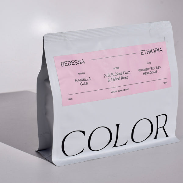 color coffees white 10oz whole bean coffee bag with pink rectangle label