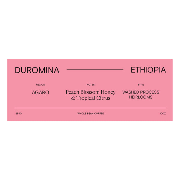 pink rectangle coffee label with coffee details for Ethiopia Duromina coffee