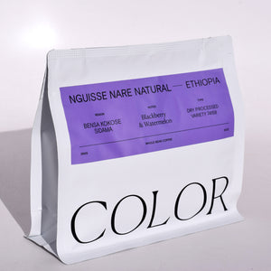 new COLOR coffee 10oz white bag with rectangle purple label and new COLOR logo