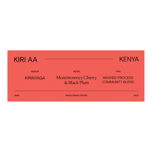 pink rectangle coffee label for Kenya Kiri AA, coffee bean details