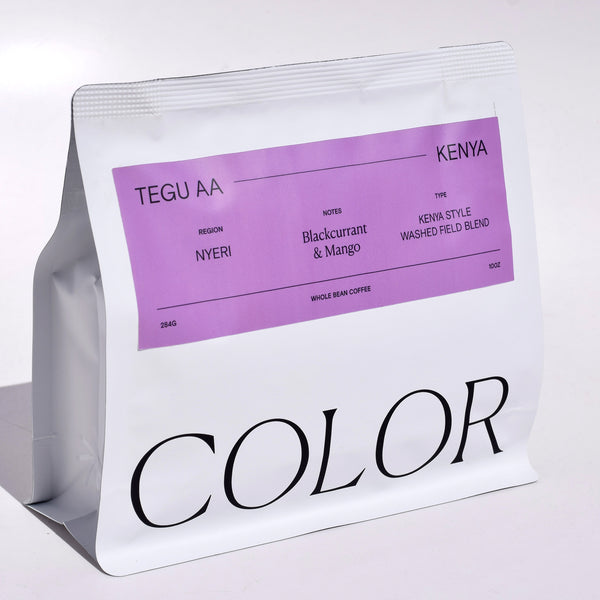 Color Coffee 10oz white whole bean coffee bag with purple label