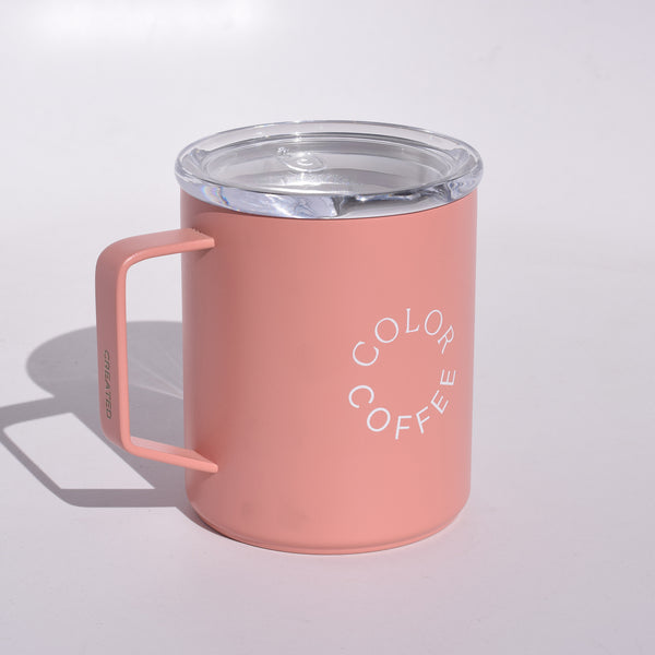 color coffee pink stainless steel camp mug with plastic lid
