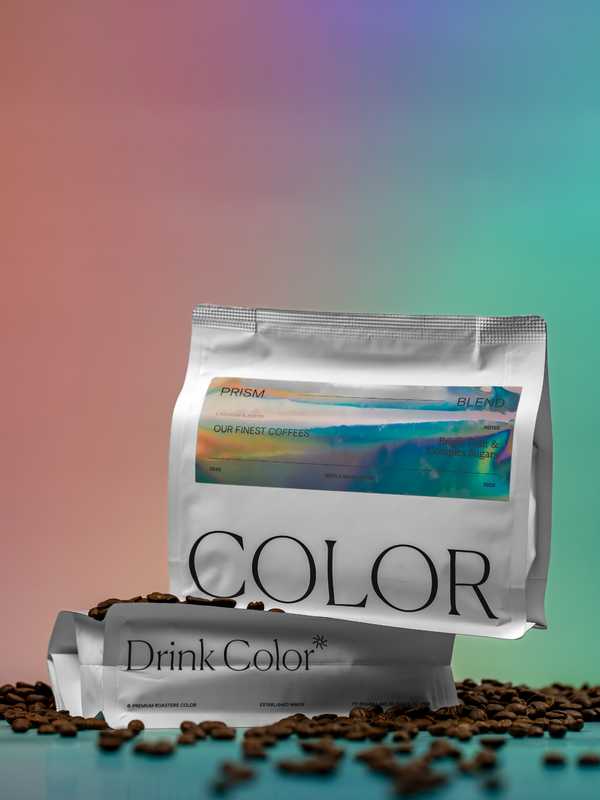 Coffee package with 'Drink Color' branding on a gradient background