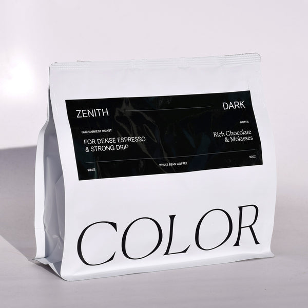 Color Coffee white 10oz whole bean coffee bag with black label for Zenith Dark Roast coffee