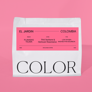 our 10 oz white whole bean coffee bag with pink label and COLOR logo at the bottom on a pink background