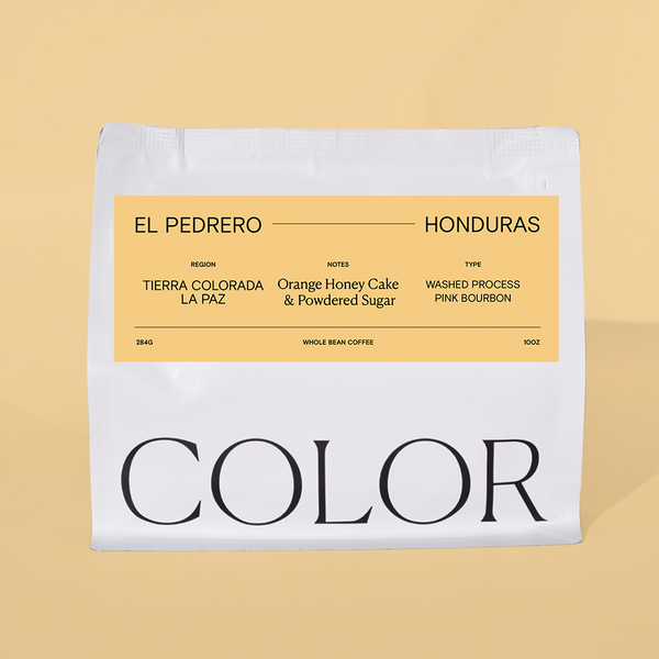 A 10oz bag of Color Coffee's El Pedrero Honduras coffee, featuring a white bag with a tan label and bold black lettering, set against a solid tan background.