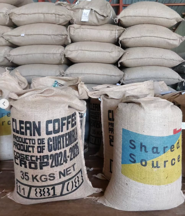 Two coffee bags labeled 'Clean Coffee' and 'Shared Source' with visible text and branding.