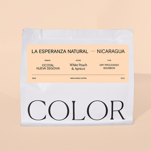 our 10 oz whole bean coffee bag with peach label and COLOR logo at the bottom on a peach background