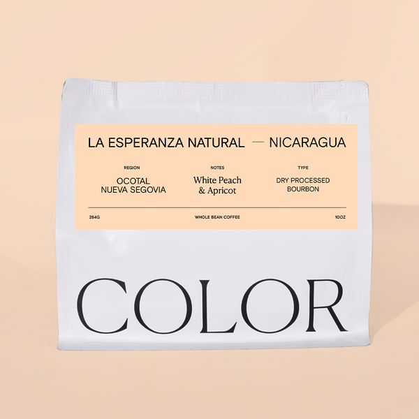 our 10 oz whole bean coffee bag with peach label and COLOR logo at the bottom on a peach background