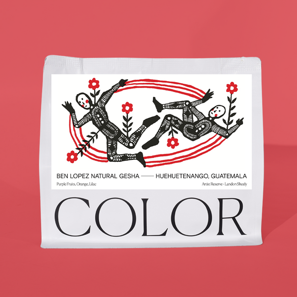 A white bag of coffee labeled 'COLOR' with a central illustration of two stylized dancers in black and red, plus text reading 'BEN LOPEZ NATURAL GESHA — HUEHUETENANGO, GUATEMALA' and 'PurplePhona, Orange, Lilac.' The bag is centered on a solid coral-red background.