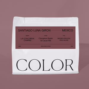 A white bag of COLOR coffee with a dusty rose label, set against a matching dusty rose background. The label reads 'SANTIAGO LUNA GIRON - MEXICO' and lists La Concordia Chiapas, Cinnamon Raisin & CacaoNib, as a washed process field blend.