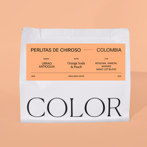 our 10oz white whole bean coffee bag with peach label and COLOR logo on a peach background