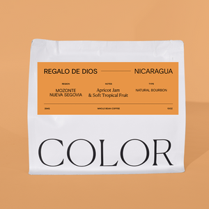 our whole bean coffee bag from Nicaragua with orange label and orange background