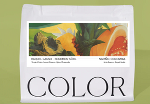 Product packaging with fruit illustration and text on a green background