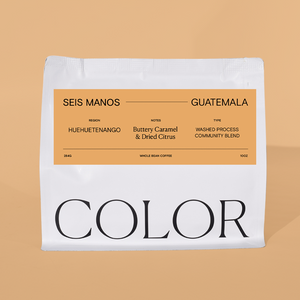 Coffee bag labeled 'Seis Manos Guatemala' with details on a beige background
