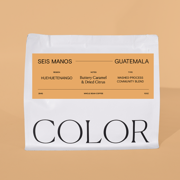 Coffee bag labeled 'Seis Manos Guatemala' with details on a beige background