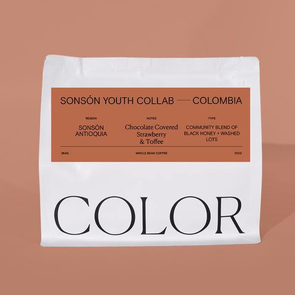 Coffee bag with 'Color' branding and Sonson Youth Collab Colombia label on a brown background