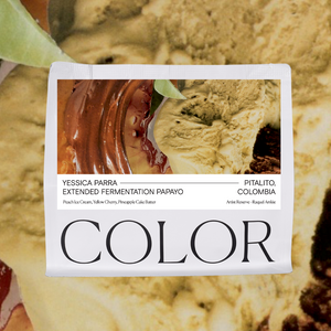 Ice cream container with 'Color' branding and a label for Yessica Parra's Extended Fermentation Papayo in the background.