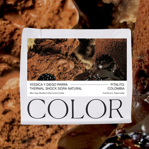 Label for Yessica y Diego PARRA thermal shock sidra natural with 'COLOR' text on a brown background.