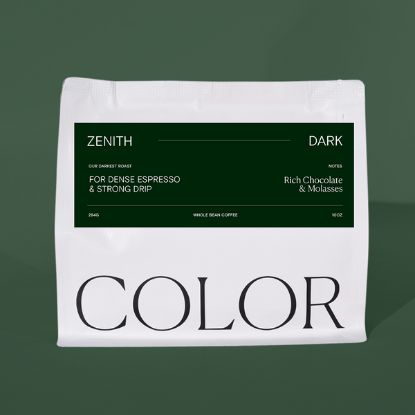 our white 10oz whole bean coffee bag with COLOR logo at the bottom