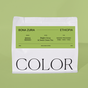 our 10oz white whole bean coffee bag with green label and COLOR logo on a green background