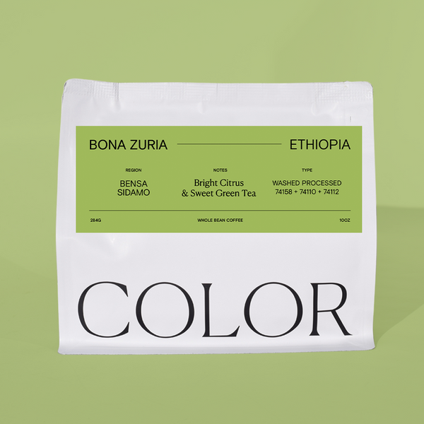 our 10oz white whole bean coffee bag with green label and COLOR logo on a green background